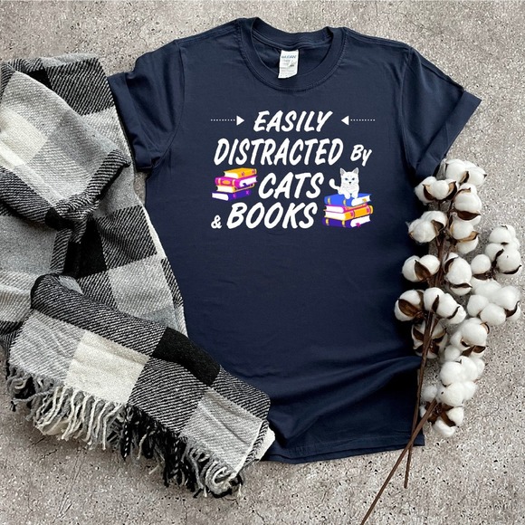 Easily Distracted By Cats And Books Shirt , Cats Shirt, Cats Gift, Mom Shirt - Picture 1 of 2